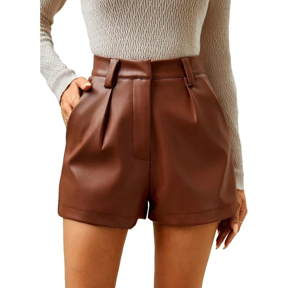 Women's Brown Pu Leather High Waisted Pleated Wide Leg Dressy Shorts